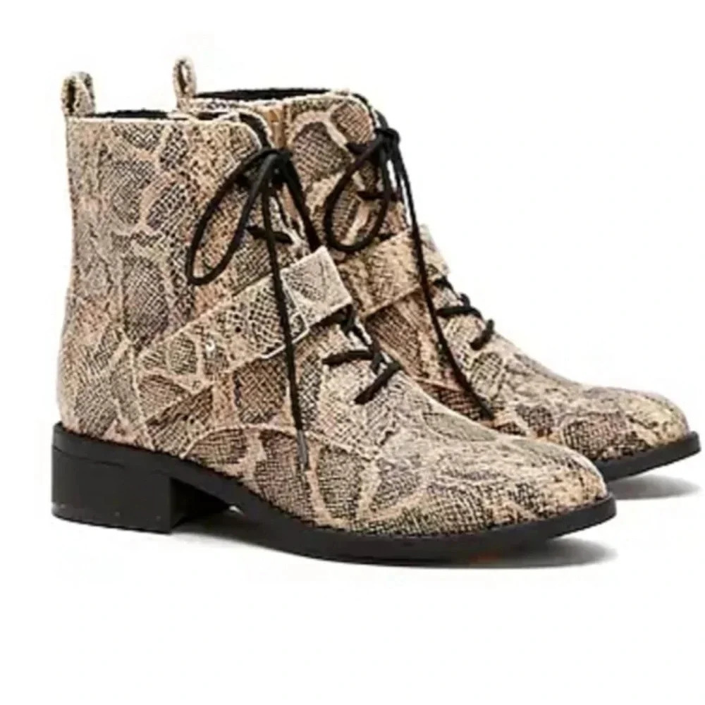 Express Cross Strap Snakeskin Print Lace Up Side Zip Combat Boots Size 8 NWT